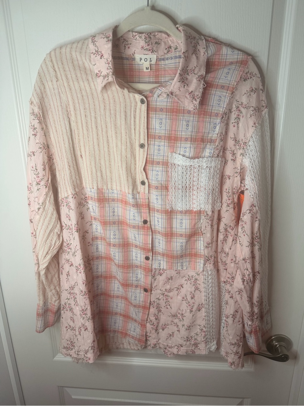 POL Pink Patchwork Plaid & Floral Button-Down Shirt